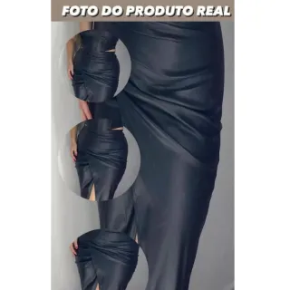 Lançamento Saia Transpassada Midi em Couro Eco Courino - Preto