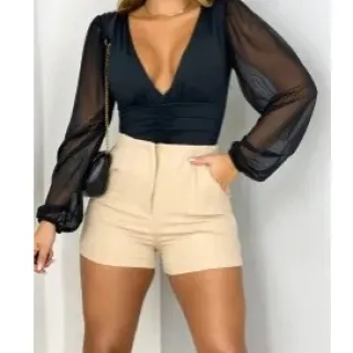 Moda Blogueira: Shorts Feminino de Alfaiataria Inspiração Zara, Cintura Alta - Preto