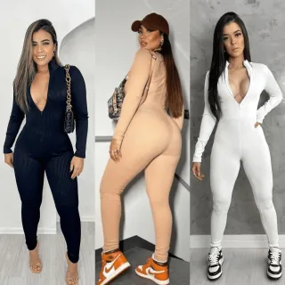 Moda Gringa: Macacão Longo Manga Longa Zíper Frontal Canelado Premium