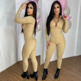 Moda Gringa: Macacão Longo Manga Longa Zíper Frontal Canelado Premium - Preto