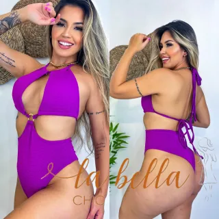 Hot Pants Biquíni Maiô Cavado Decotado Lateral Trançado Costa Nua - Carol Roxo Texturizado
