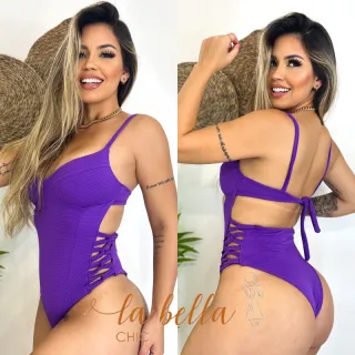 Hot Pants Biquíni Maiô Cavado Decotado Lateral Trançado Costa Nua - Carol Roxo Texturizado