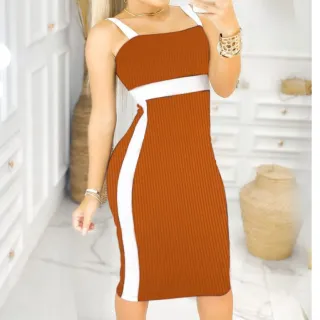 Moda Gringa - Vestido Estiloso Alça Larga com Faixa Lateral - TELHA /PEROLA