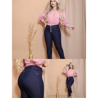 Calça Jeans Feminina Cintura Alta Levanta Bumbum Skinny Com Lycra - PRETO NAVALHADA JOELHO