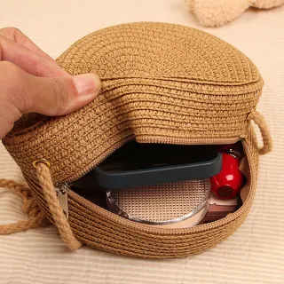 Rianna - Bolsa Redonda de Palha Feminina Transversal Tiracolo - Caramelo