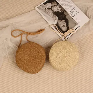 Rianna - Bolsa Redonda de Palha Feminina Transversal Tiracolo - Caramelo