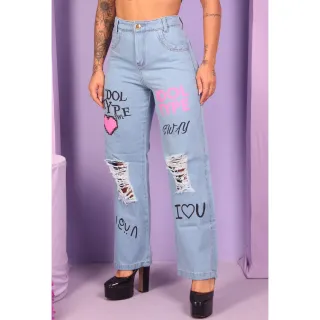 Calça Wide Leg Feminina Estampada Jeans Cintura Alta - Moda Gringa - Wide est coração
