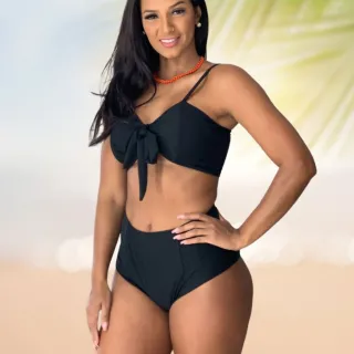 Biquíni feminino hot pants de laço cintura alta forrado e com bojo - unicórnio azul