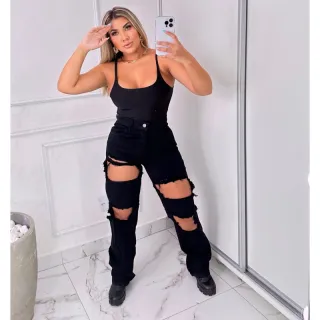 Calças Jeans Feminina Wide Leg e Skinny Premium Santt - Lançamento na Shopee - Wide black colors