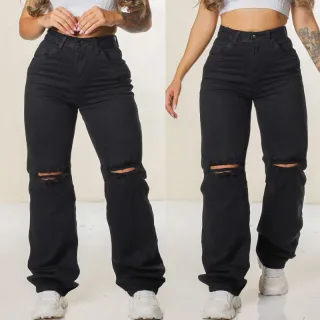 Calças Jeans Feminina Wide Leg e Skinny Premium Santt - Lançamento na Shopee - Wide black colors