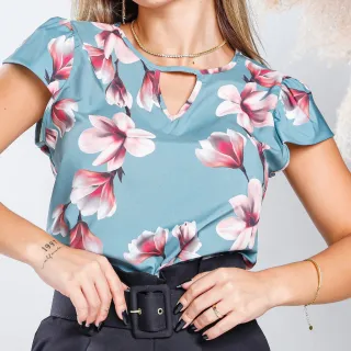 Delicada Blusa Feminina Floral Listrada Moda Evangélica Manguinha Curta - Folha Bege