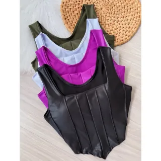 Regata Cropped Feminino Couro Fake Preto - Blusa Top Retro Corset - Verde Militar