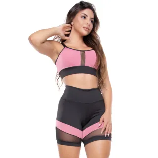 Roupa de Academia Feminina Conjunto Fitness Crossfit Yoga Top e Short - Preto/ Roxo