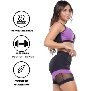 Roupa de Academia Feminina Conjunto Fitness Crossfit Yoga Top e Short - Preto/ Roxo