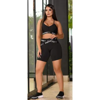 Roupa de academia feminina: Conjunto top e calça fitness - Cnj Preto Bolso Lateral