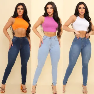 Cintura Alta Calça Jeans Feminina Skinny Levanta Bumbum Lycra - Jeans Premium Azul Escuro