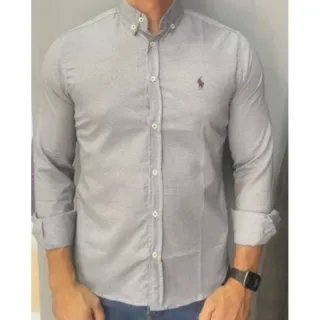 Polo Xadrez Slim Fit Manga Longa Azul Claro - Cinza