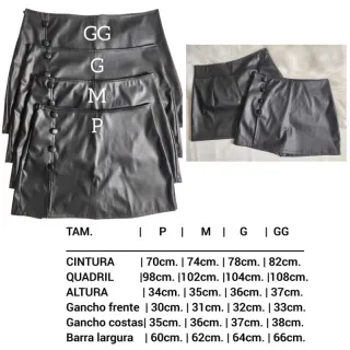 Saia em courinho eco com detalhe botão forrado, frente curta - Preto