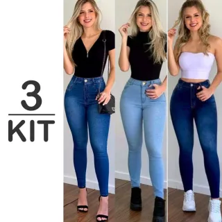 Calça Jeans Feminina Cintura Alta Levanta Bumbum - Kit 3 Unidades - 01 Calça Azul Escuro - 01 Peça