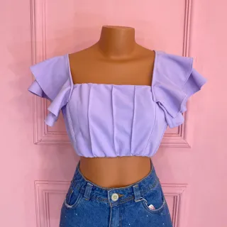 Cropped Amarração Alça Babado Busto Forrado 002 - Preto