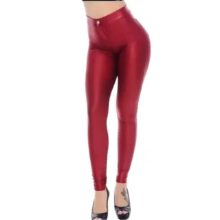 Legging Cintura Alta Disco Couro Fake Com Bolso e Zíper - Marinho