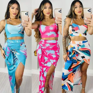 CROPEED COM BOJO E AMARRAÇÃO + CONJUNTO SAIA LONGA FENDA - LILAS COM LIMA