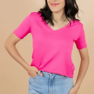 Malha Lisa Manga Curta Blusa Feminina Gola V - Preto