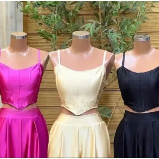 Cropeed Estiloso Malha Prada Com Bojo - Corset de Alça - Preto