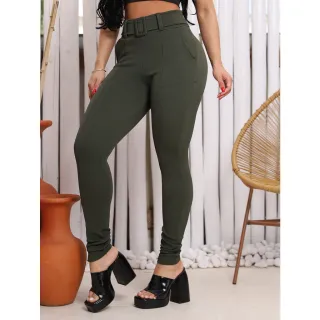 Qualidade Alta Slim: Calça Feminina Malha Crepe Skinny Cintura Alta com Cinto Forrado - Preto