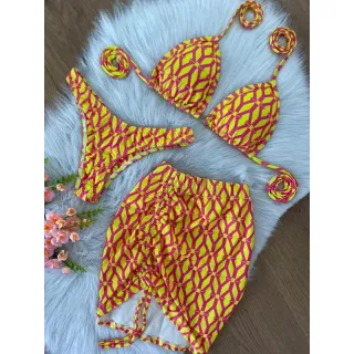 Shorts biquíni 3 em 1 cortininha com kit - Onça