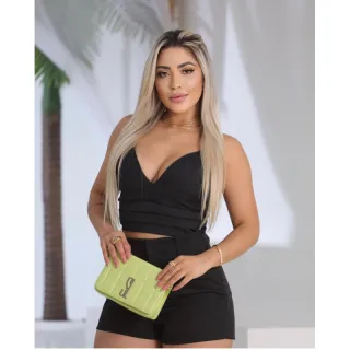 Conjunto croped e shorts alfaiataria com lastex e bolso - Azul