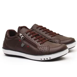 Promoção Sapatênis Masculino Couro Confortável Calce Fácil Ortopédico Zíper - CAFE