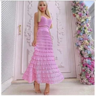 Moda Boutique Luxo Vestido Midi Tricot Modal Rodado Estilo Princesa - Rosa Bebe