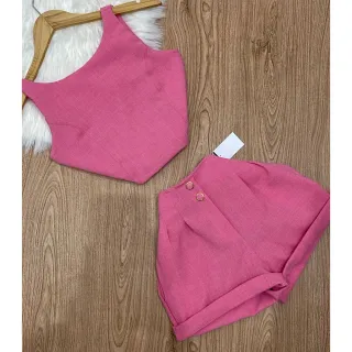 Conjunto Cropped Fenda e Short Social Linho - Coleção Verão Cores - Laranja