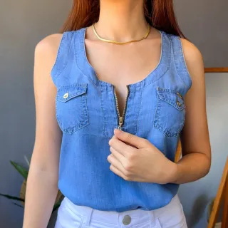 Blusa feminina jeans regata verão com bolso e zíper - JEANS ESCURO