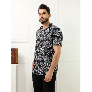 Camisa Manga Curta Masculino Social Floral Preto Branco - G