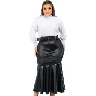 Saia Midi Feminina Plus Size em Cirrê - Social Cinto Courino