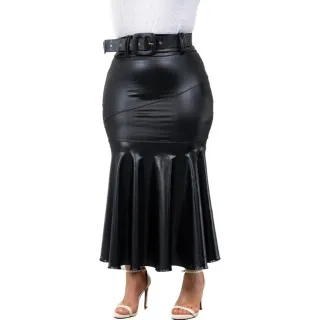 Saia Midi Feminina Plus Size em Cirrê - Social Cinto Courino - Preto