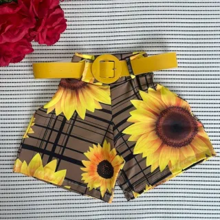 Short Feminino Malha Cintura Alta + Cinto. Moda Praia Verão - MODELO 2 ESTAMPA SORTIDA