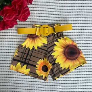 Short Feminino Malha Cintura Alta + Cinto. Moda Praia Verão - MODELO 2 ESTAMPA SORTIDA