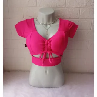 Blusa Manga Curta Cropped Feminino Vazado com Bojo Suplex - Blogueirinha - ROXO FUCSIA