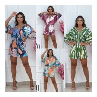 Lançamento Macaquinho Flare Listrado Manga Malha Fria - Moda Feminina - Duas Listras Tiffany