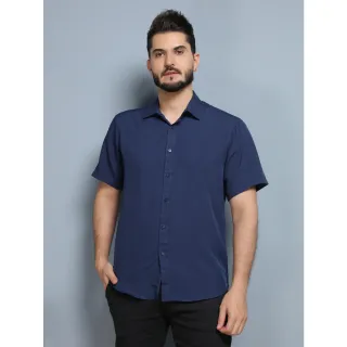 Camisa Social Masculina Manga Curto Slim Lisa Fácil C002 - Azul Marinho