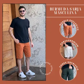 Bermuda Colorida Lisa Social Masculina em Sarja Jeans Brim - Bege Sarja