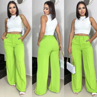 Moda Pantalona Feminina, Calça Alfaiataria Duna Cós Alto Botão Encapado - Verde Oliva