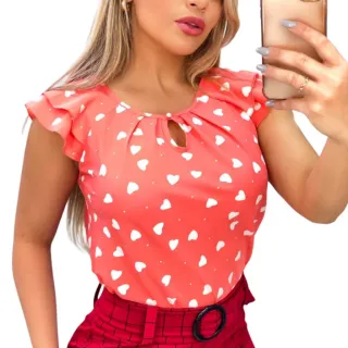 Coração Estampa Social Feminina Blusinha Crepe - Branco