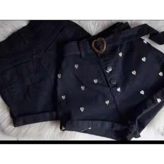 Shorts Lycra Jeans Feminina - Cintura Alta, Botão Encapado, Bordado e Cinto - Oscura bordado love