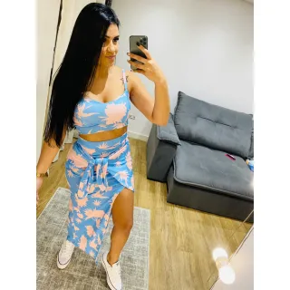 CROPEED COM BOJO E AMARRAÇÃO + CONJUNTO SAIA LONGA FENDA - LILAS COM LIMA