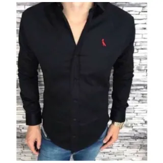 Camisa masculina Reserva clássica lisa manga longa slim fit - Preto