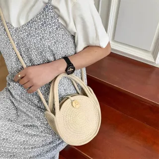 Bolsa redonda de praia feminina em algodão - alça de mão e transversal - Bege